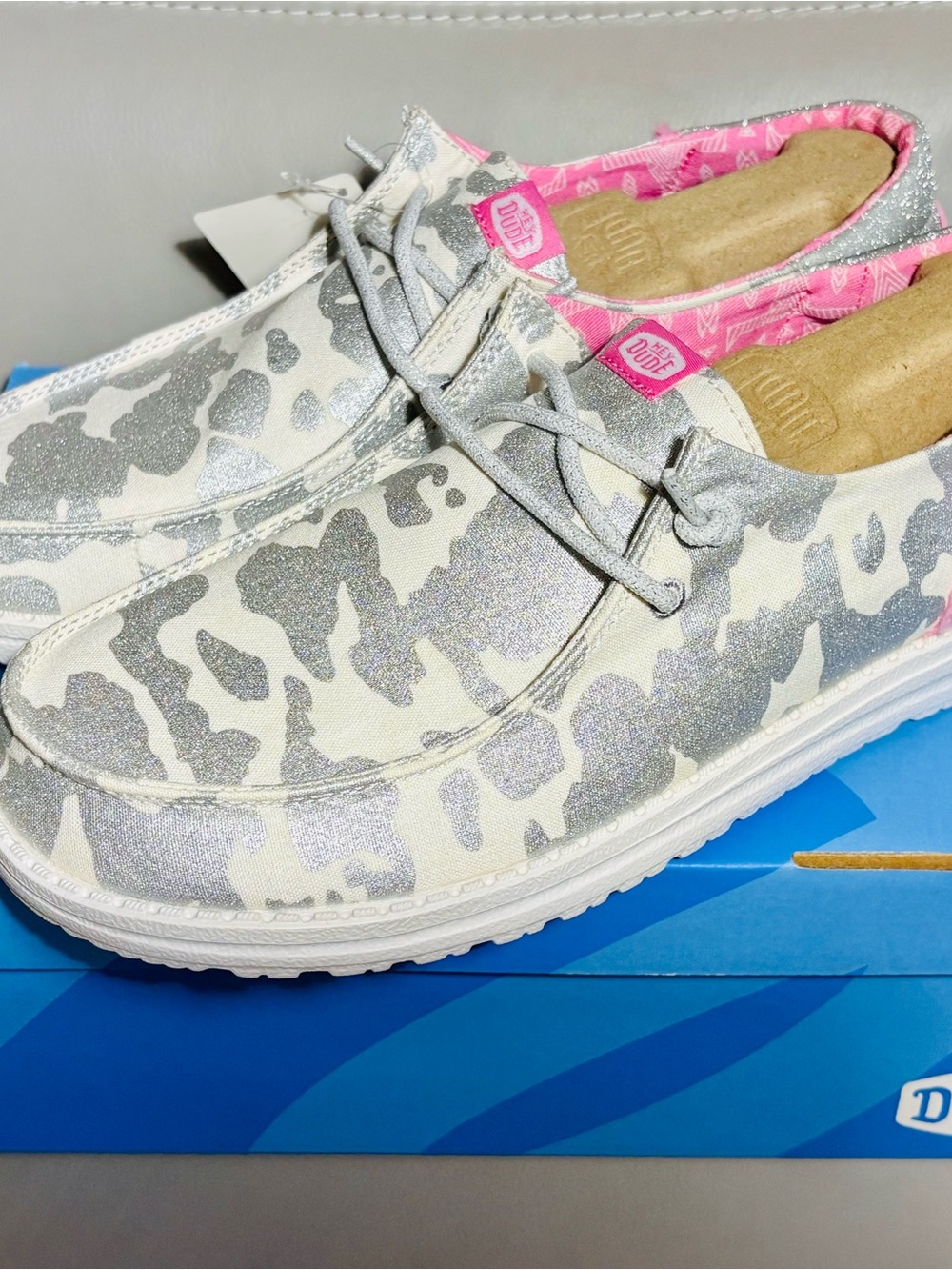 Hey Dude Silver Glitter Camo Slip-On Moccasins with Pink Trim